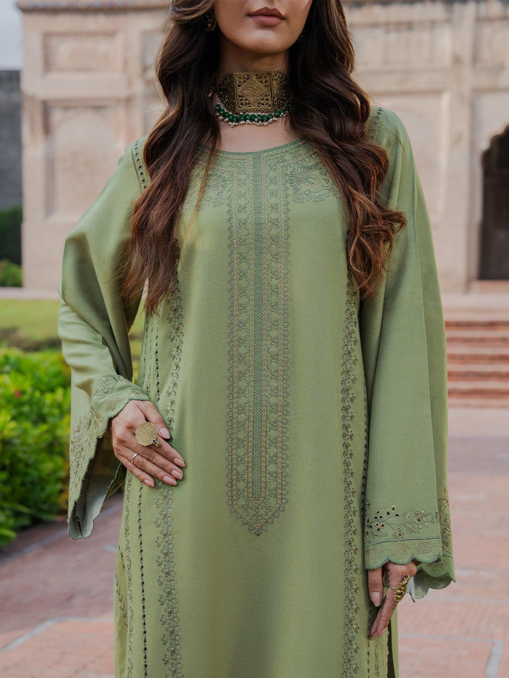 IZEL-3PC DHANAK EMBROIDERED SHIRT WITH COURTRAI PRINTED SHAWL & TROUSER-WM-4350