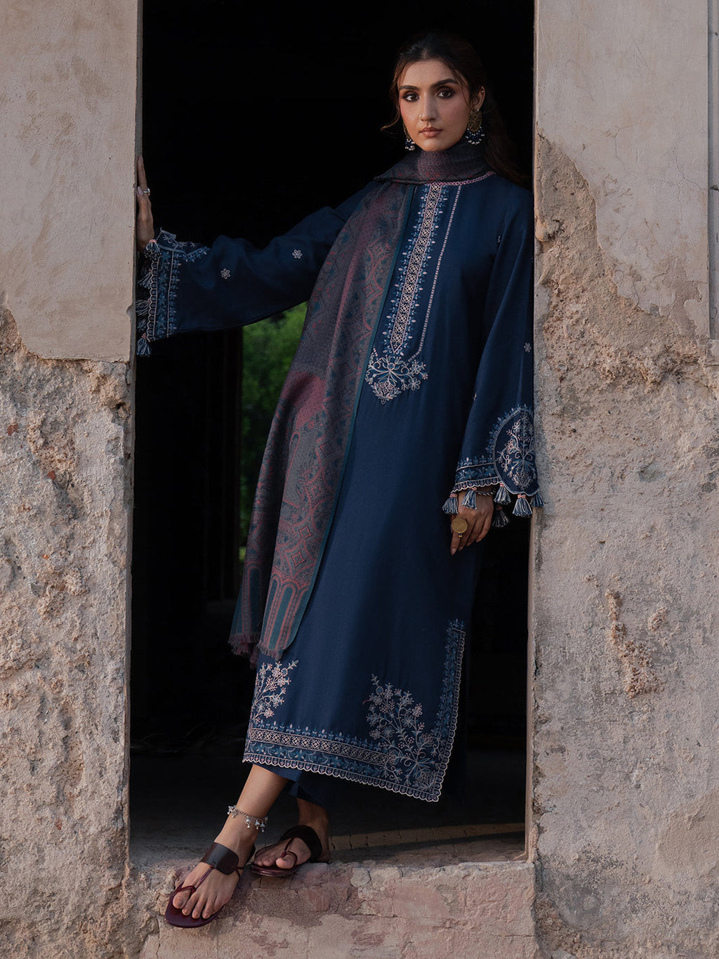 IZEL-3PC DHANAK EMBROIDERED SHIRT WITH COURTRAI PRINTED SHAWL & TROUSER-WM-4350