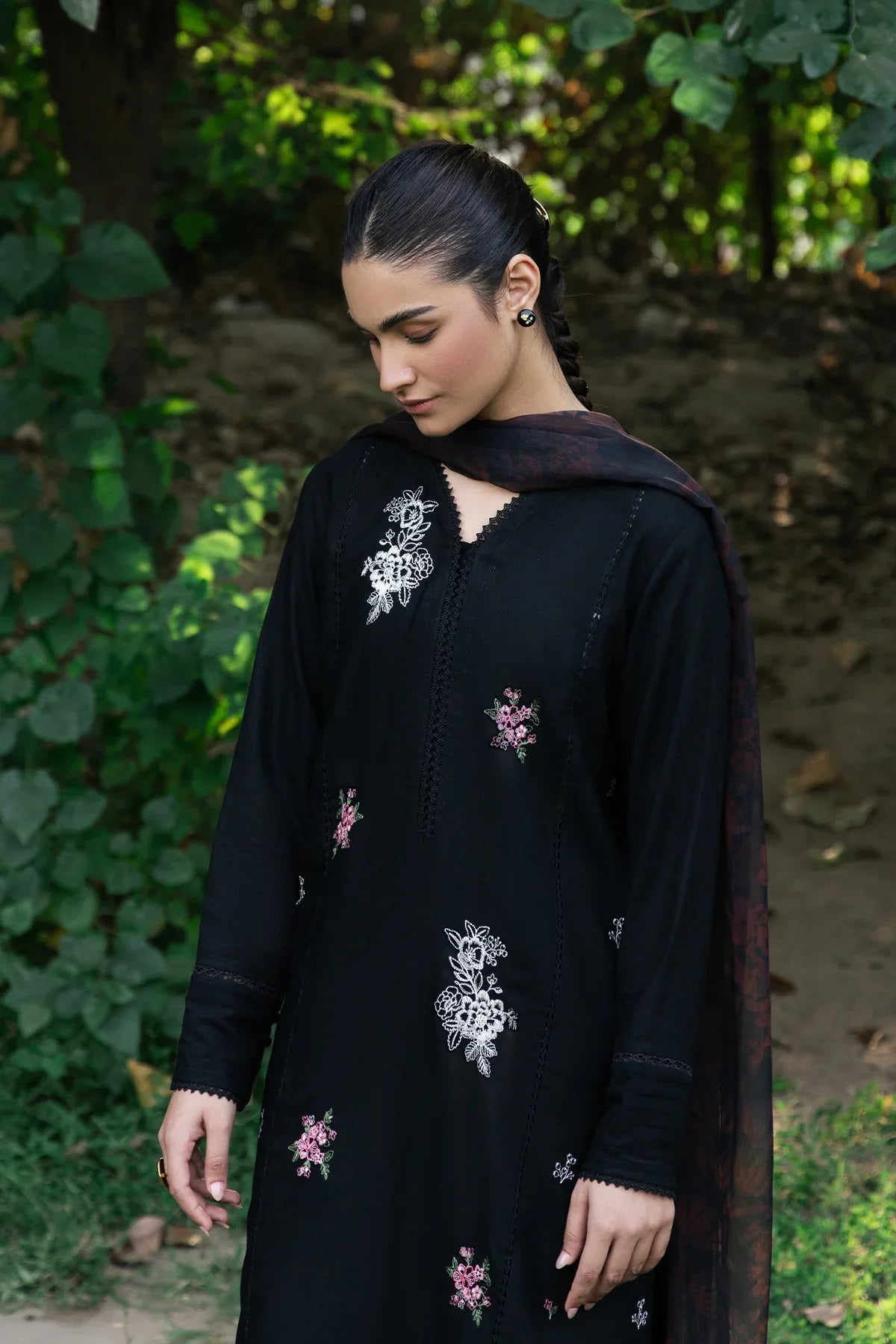 ZIVA - 3PC DHANAK EMBROIDERED SHIRT WITH TWILL PRINTED SHAWL & TROUSER-WM-3399