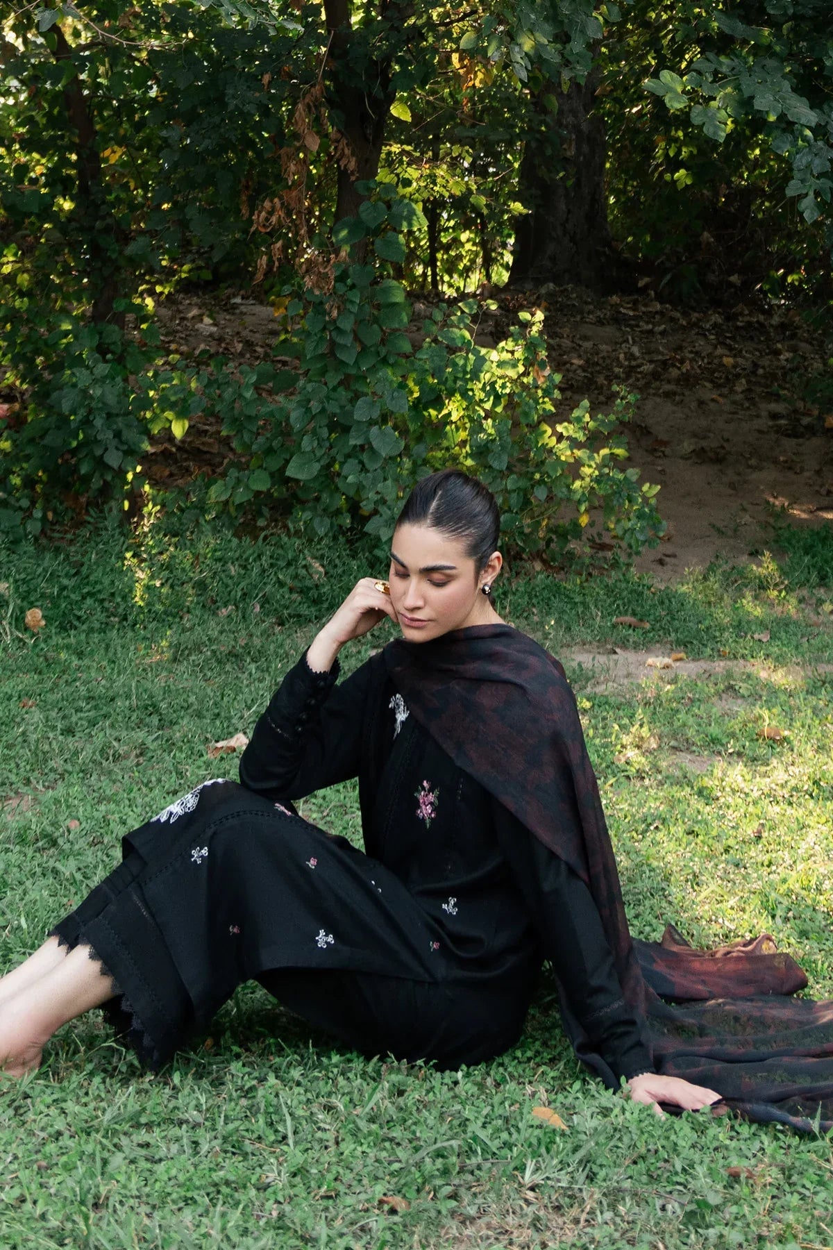 ZIVA - 3PC DHANAK EMBROIDERED SHIRT WITH TWILL PRINTED SHAWL & TROUSER-WM-3399