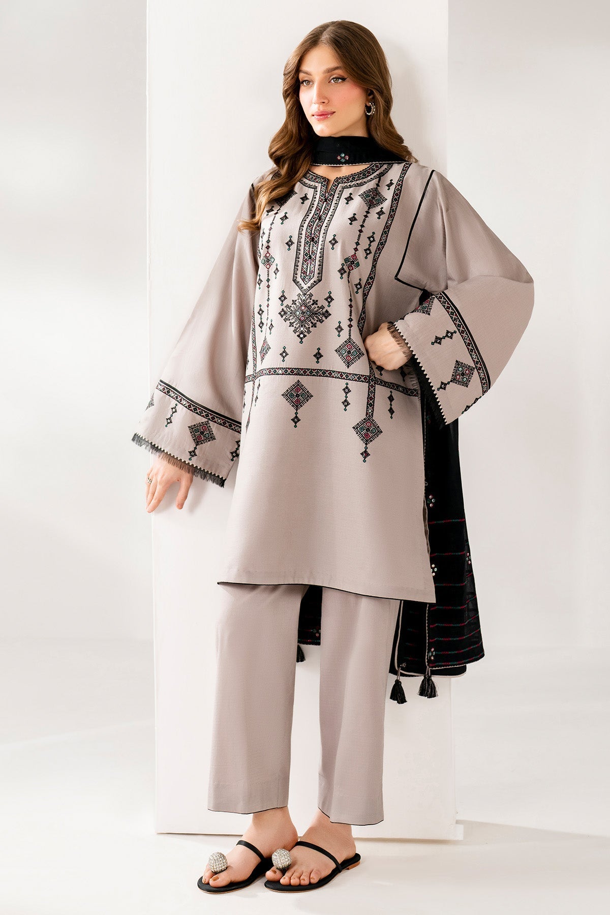 JAZMIN-3PC DHANAK EMBROIDERED SHIRT WITH DHANAK EMB SHAWL AND TROUSER-WM-4192