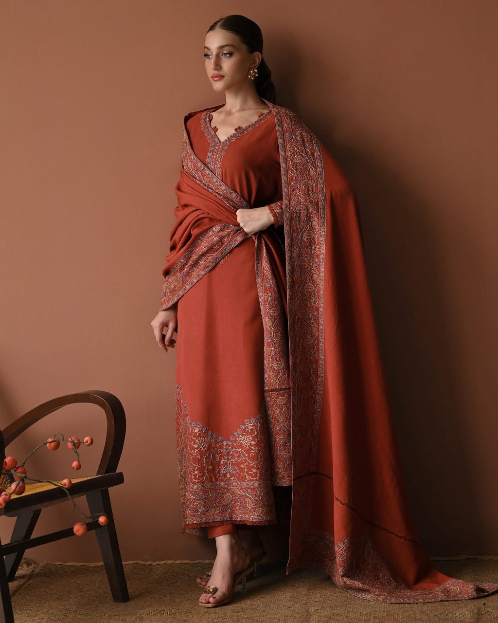 ZAIB-3PC DHANAK EMBROIDERED SHIRT WITH DHANAK EMBROIDERED SHAWL AND TROUSER-WM-4313