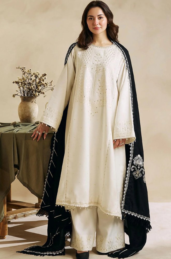 Zara Shah Jahan - 3PC Unstitched Dhanak Embroidered Shirt with Embroidered Dhanak Shawl and Trouser