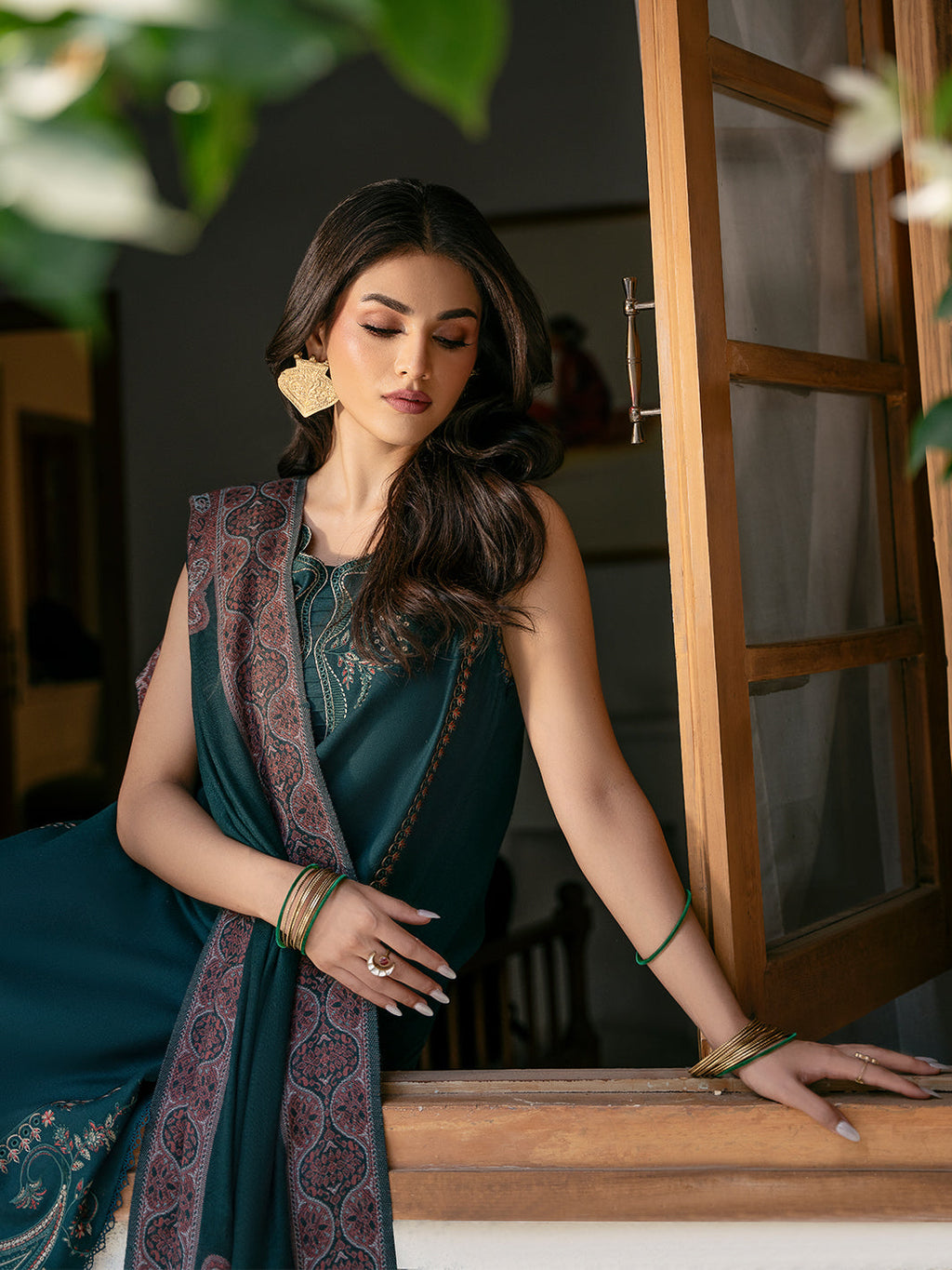 IZEL-3PC DHANAK EMBROIDERED SHIRT WITH PRINTED SHAWL