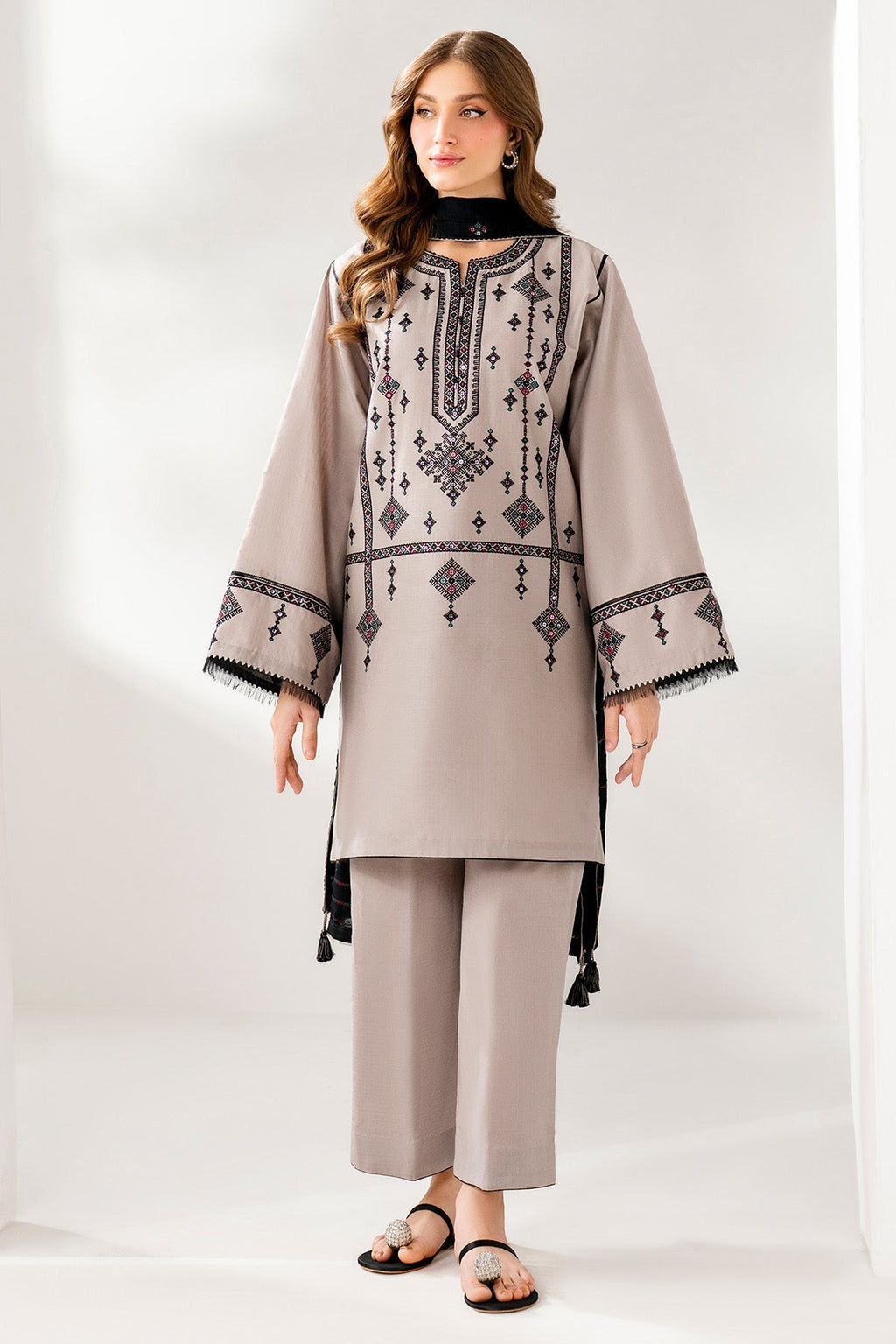 JAZMIN-3PC DHANAK EMBROIDERED SHIRT WITH DHANAK EMB SHAWL AND TROUSER-WM-4192