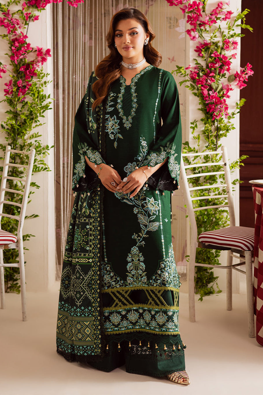 MAHNUR-3PC DHANAK EMBROIDERED SHIRT WITH COURTRAI PRINTED SHAWL & TROUSER-WM-4327
