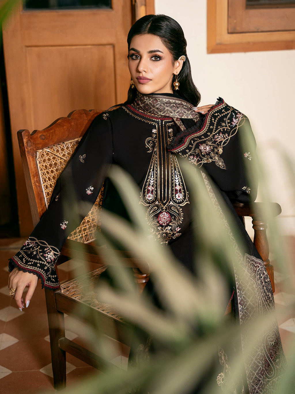 IZEL-3PC KHADDAR EMBROIDERED SHIRT WITH COURTRAI PRINTED SHAWL & TROUSER-WM-4389