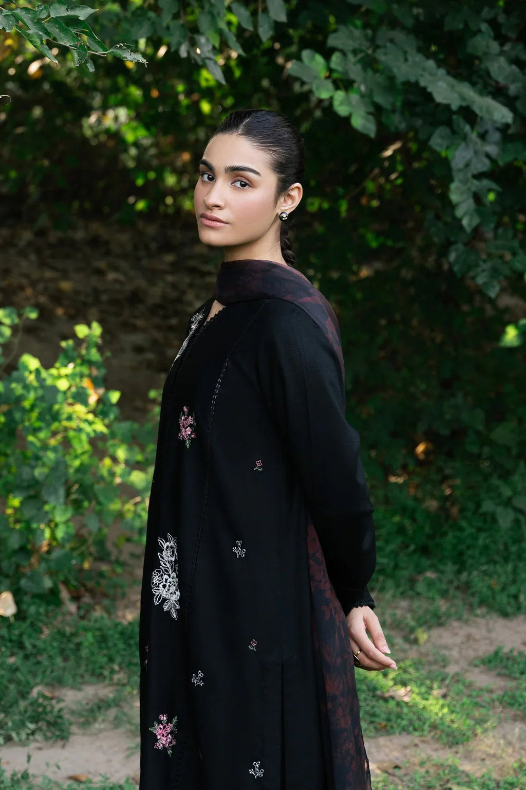 ZIVA - 3PC DHANAK EMBROIDERED SHIRT WITH TWILL PRINTED SHAWL & TROUSER-WM-3399