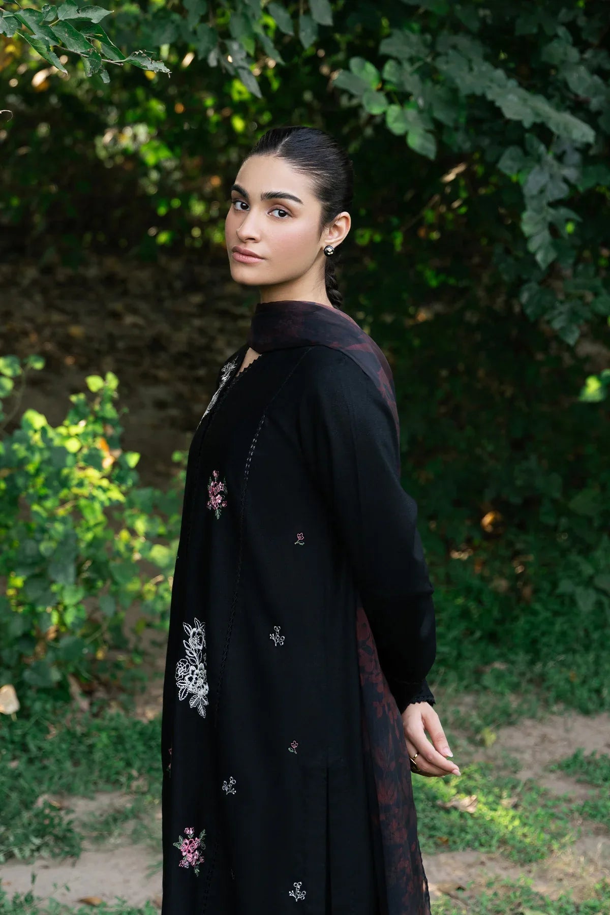 ZIVA - 3PC DHANAK EMBROIDERED SHIRT WITH TWILL PRINTED SHAWL & TROUSER-WM-3399