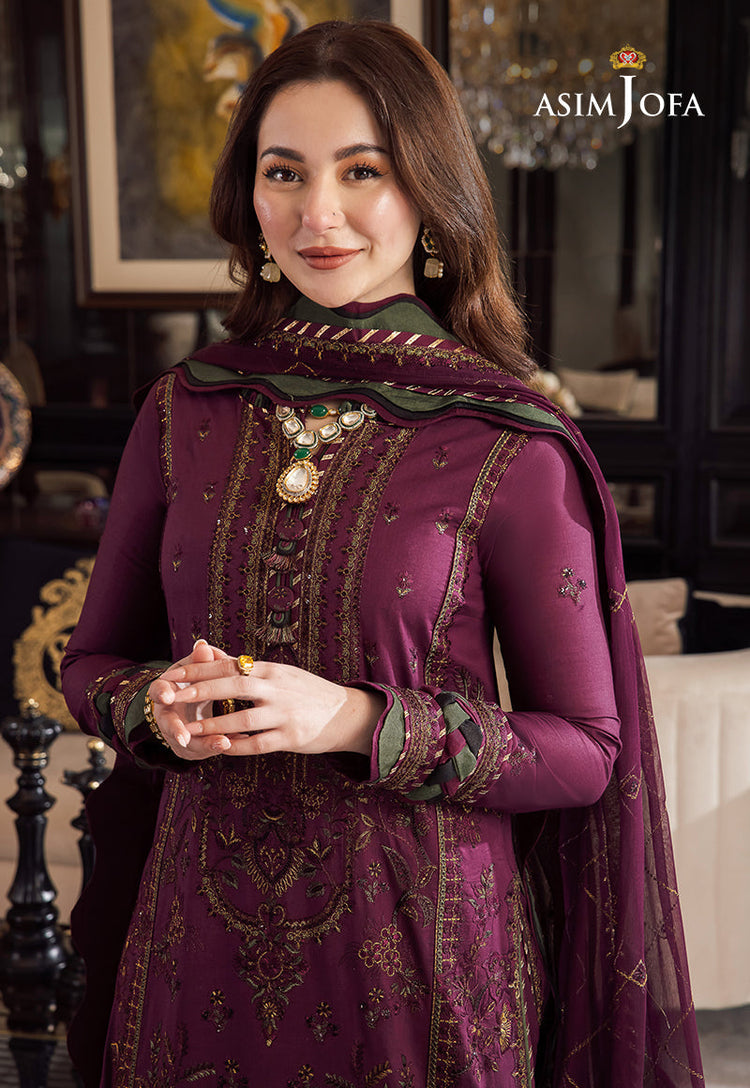 ASIM JOFA-3PC DHANAK EMBROIDERED SHIRT WITH DHANAK EMBROIDERED SHAWL & DHANAK TOUSER-WM-4291
