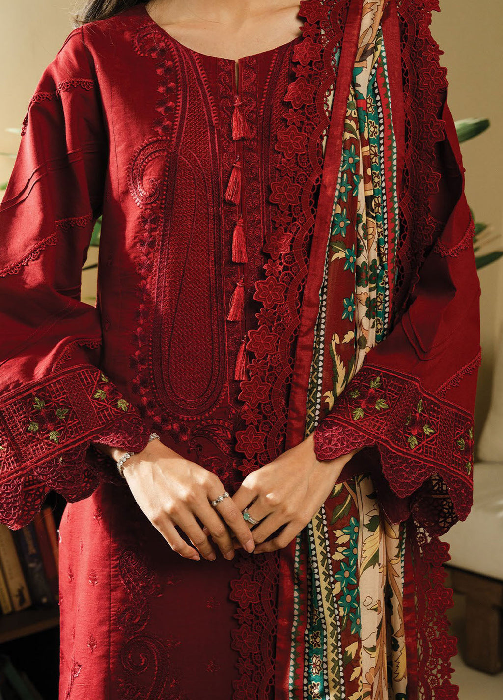 BATIK-3PC DHANAK EMBROIDERED SHIRT WITH COUTRAI WOOL PRINTED SHAWL AND TROUSER-BIC-4138