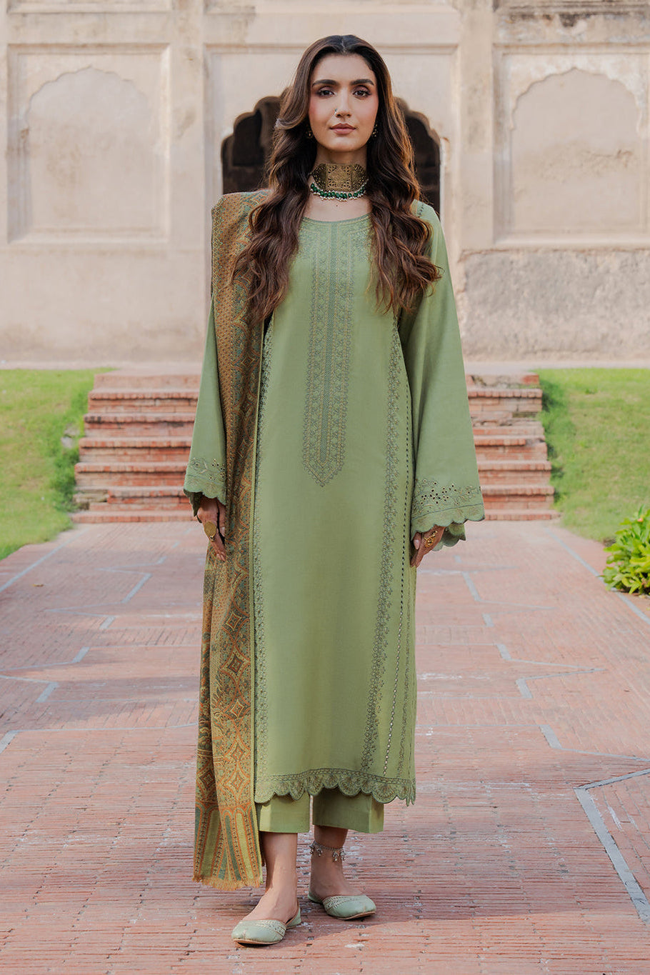 IZEL-3PC DHANAK EMBROIDERED SHIRT WITH COURTRAI PRINTED SHAWL & TROUSER-WM-4350