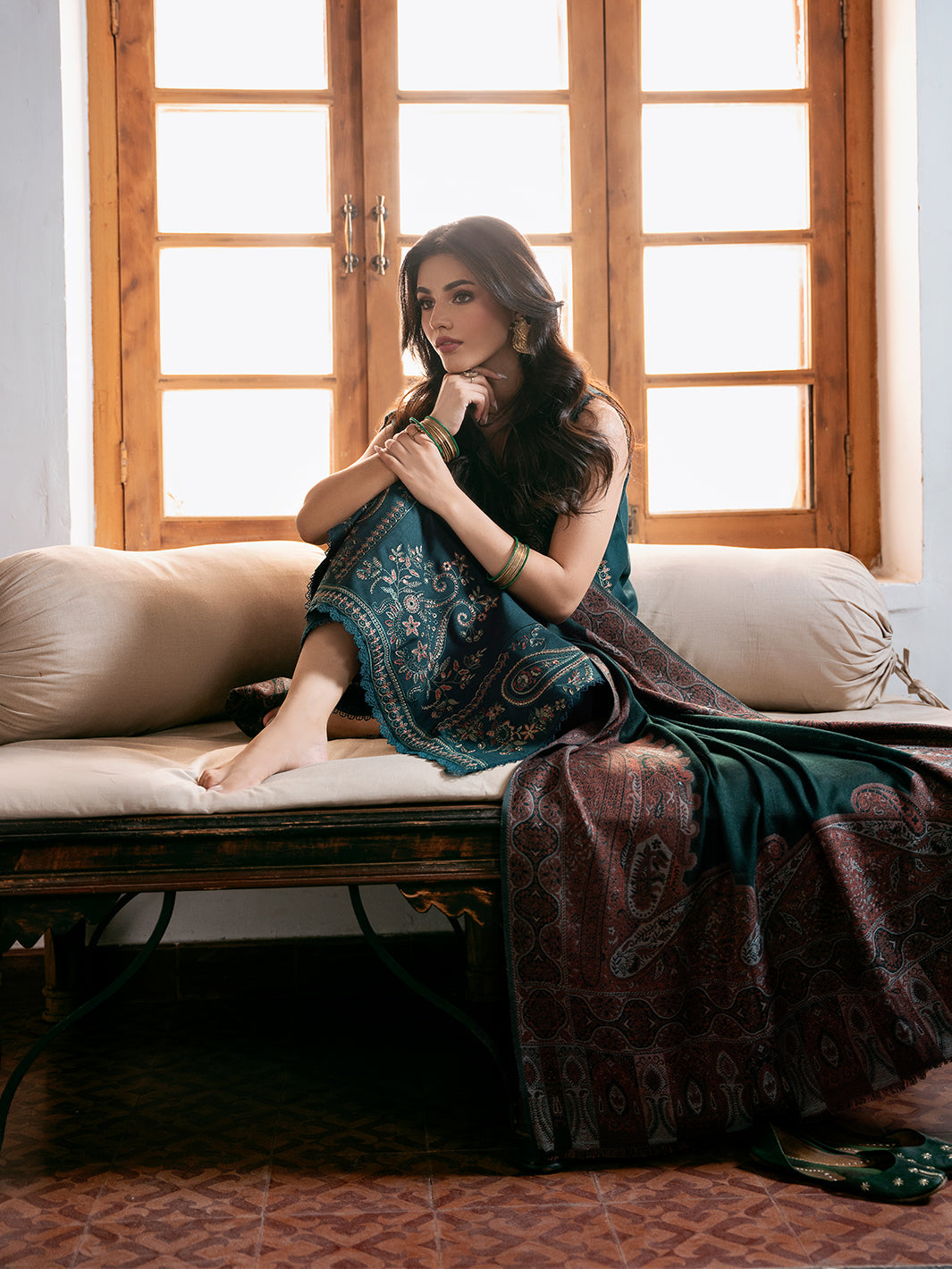 IZEL-3PC DHANAK EMBROIDERED SHIRT WITH PRINTED SHAWL