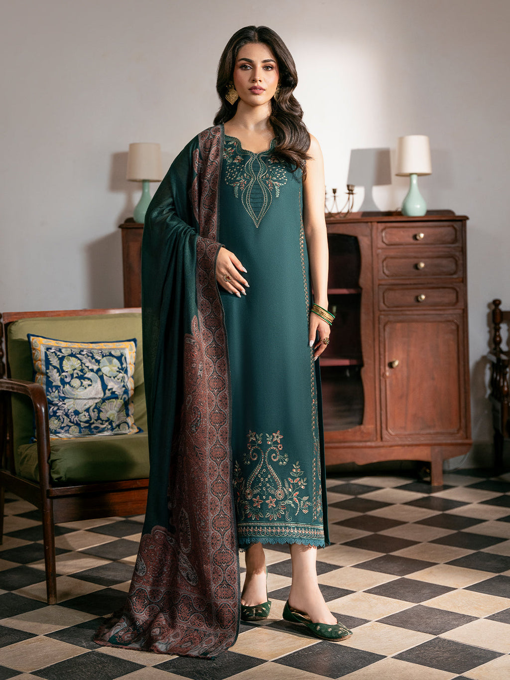 IZEL-3PC DHANAK EMBROIDERED SHIRT WITH PRINTED SHAWL