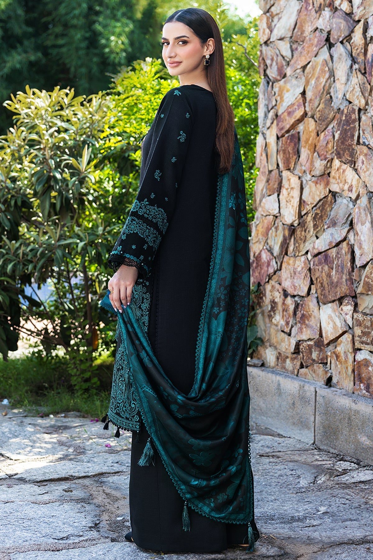 FARASHA-3PC KHADDAR EMBROIDERED SHIRT WITH COURTRAI PRINTED SHAWL AND TROUSER-WM-4391