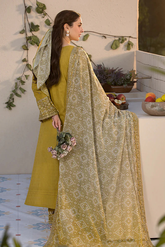 JADE - 3PC DHANAK EMBROIDERED SHIRT WITH DIGITAL PRINT SHAWL AND DYED TROUSER