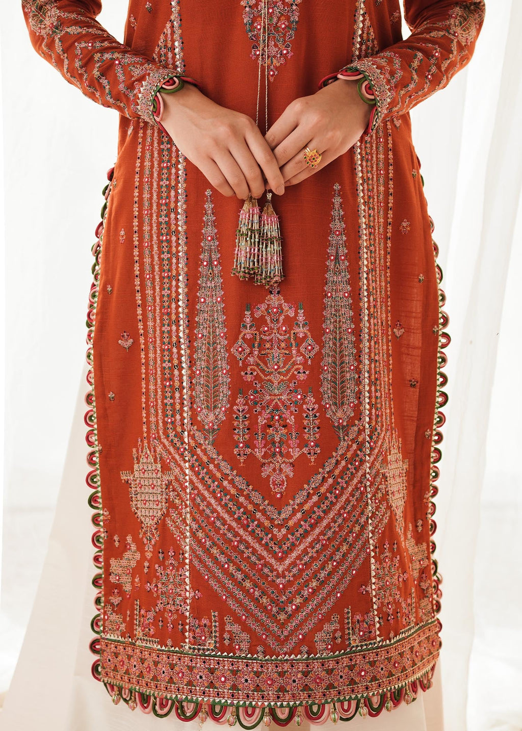 HUSSAIN REHAR LUXURY UNSTITCHED DHANAK EMBROIDERED 3PC WITH DHANAK MARINA READY TO WEAR SHAWL