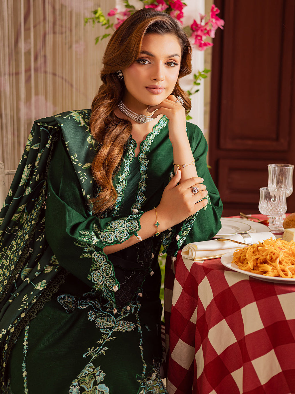 MAHNUR-3PC DHANAK EMBROIDERED SHIRT WITH COURTRAI PRINTED SHAWL & TROUSER-WM-4327