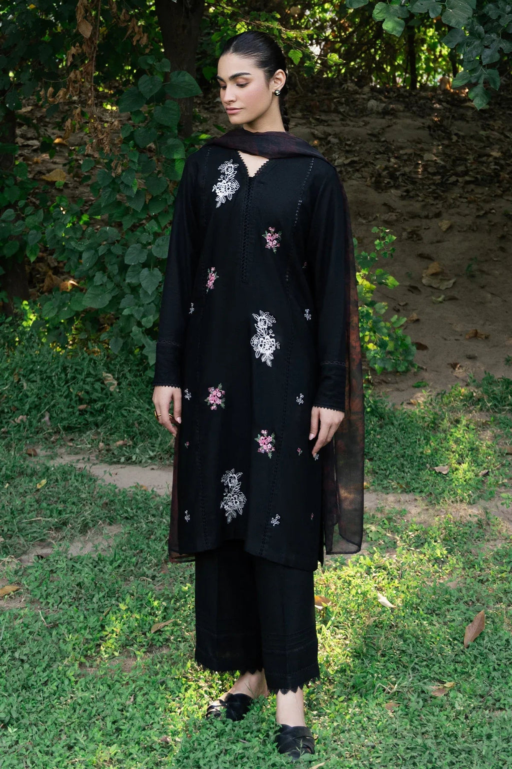 ZIVA - 3PC DHANAK EMBROIDERED SHIRT WITH TWILL PRINTED SHAWL & TROUSER-WM-3399
