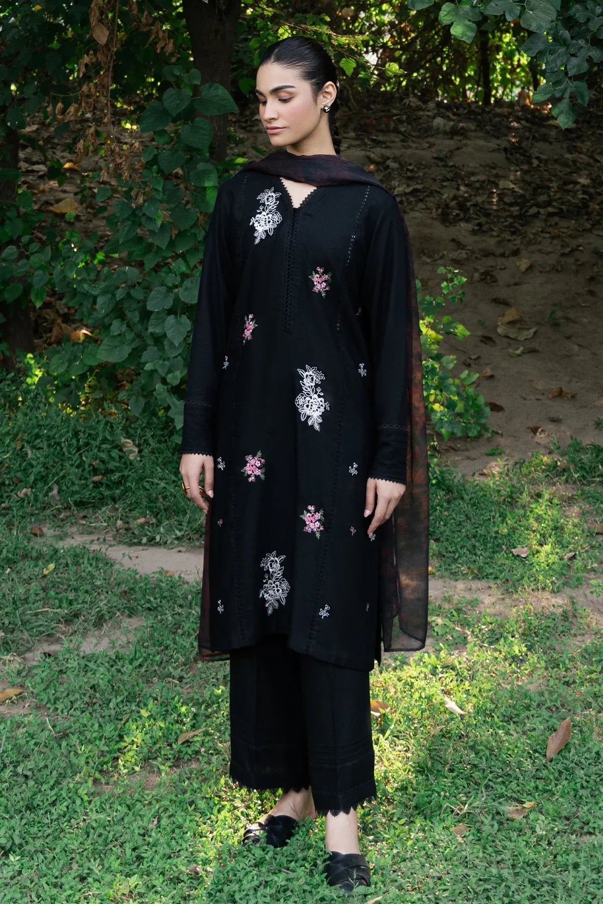 ZIVA - 3PC DHANAK EMBROIDERED SHIRT WITH TWILL PRINTED SHAWL & TROUSER-WM-3399