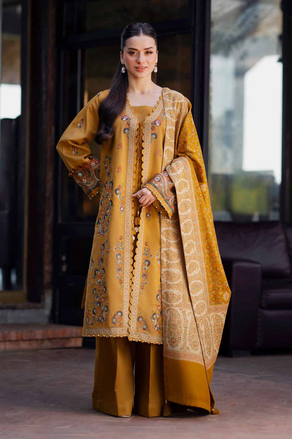 NISHAT-3PC KHADDAR EMBROIDERED SHIRT WITH COURTRAI PRINTED SHAWL & TROUSER-WM-4377