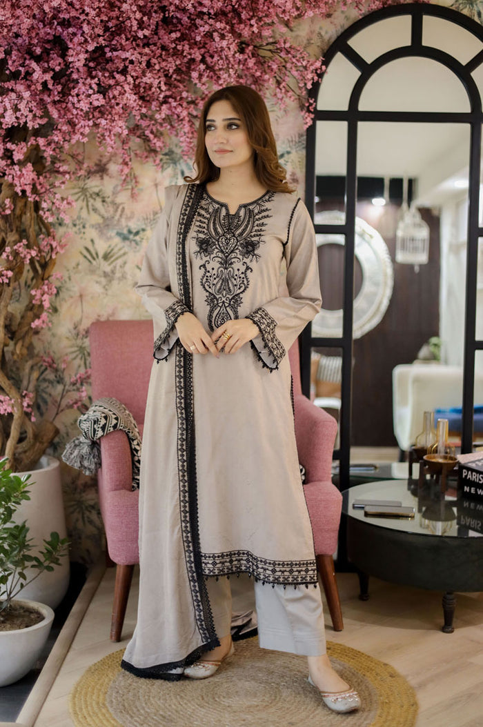 LIBAAS LUXURY UNSTITCHED WINTER DHANAK EMBROIDERED 3PC WITH DIGITAL PRINTED WOOL SHAWL