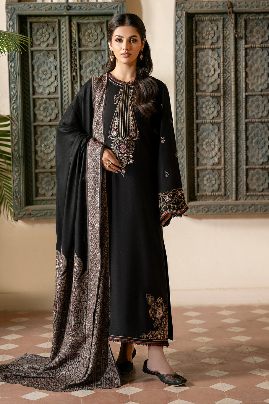 IZEL-3PC KHADDAR EMBROIDERED SHIRT WITH COURTRAI PRINTED SHAWL & TROUSER-WM-4389