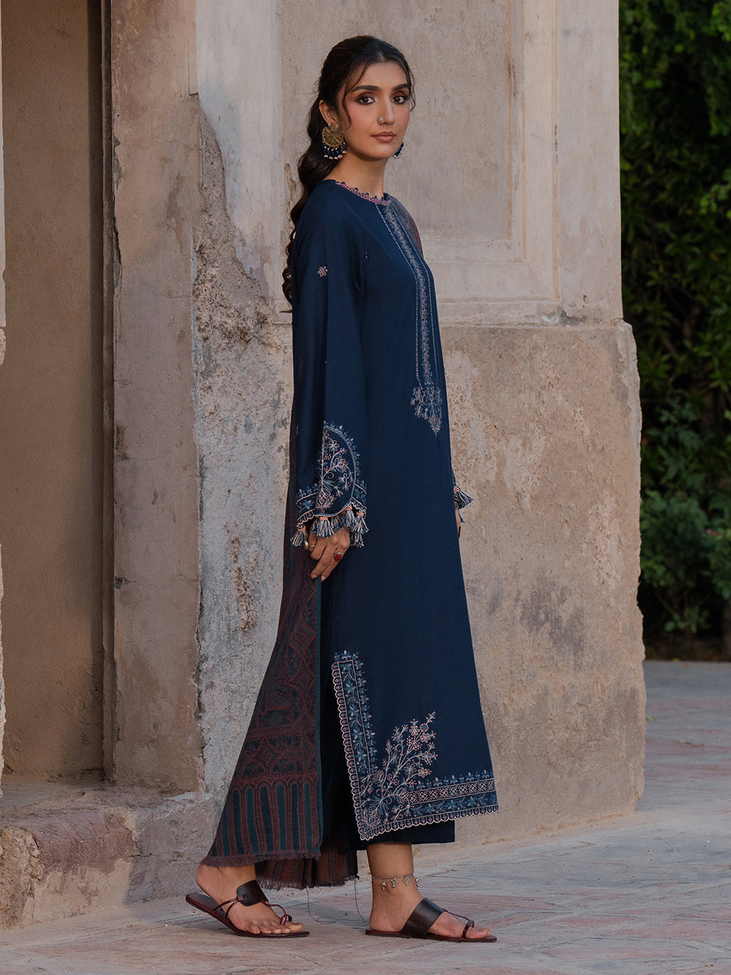 IZEL-3PC DHANAK EMBROIDERED SHIRT WITH COURTRAI PRINTED SHAWL & TROUSER-WM-4350