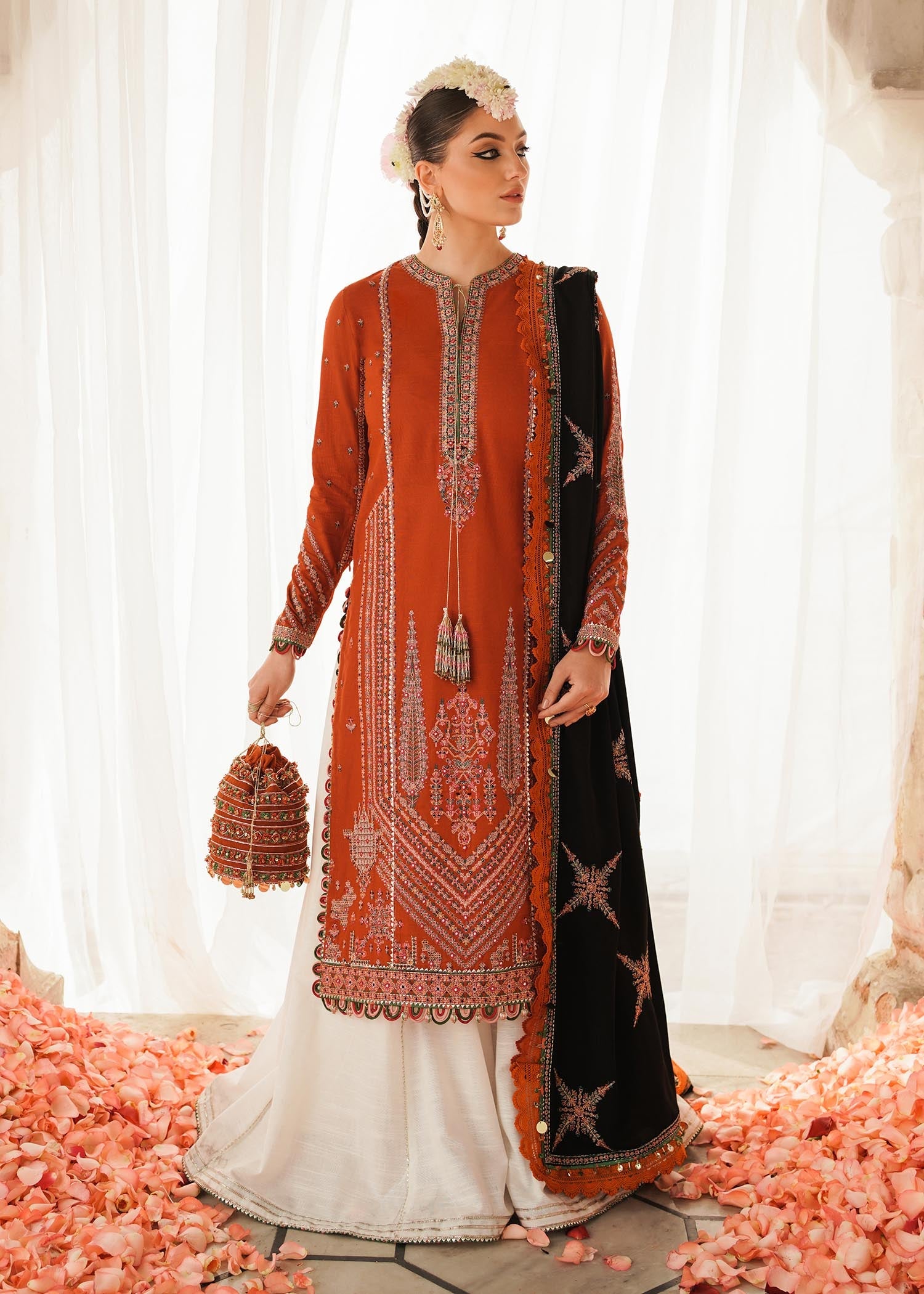 HUSSAIN REHAR LUXURY UNSTITCHED DHANAK EMBROIDERED 3PC WITH DHANAK MARINA READY TO WEAR SHAWL