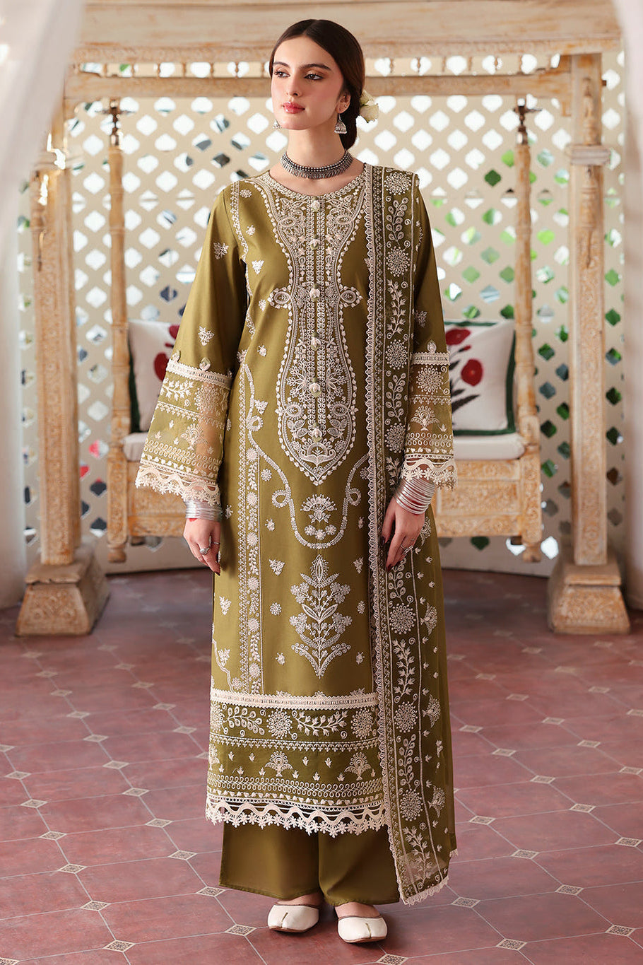 MAHNUR-3PC DHANAK EMBROIDERED SHIRT WITH DHANAK EMBROIDERED SHAWL & TROUSER-BIC-4033