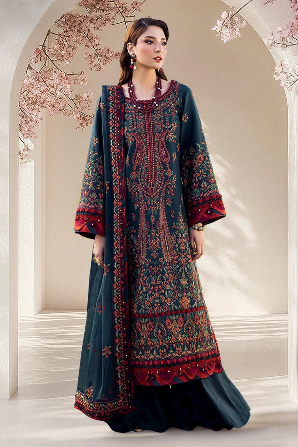ASIM JOFA-3PC DHANAK EMBROIDERED SHIRT WITH DHANAK EMBROIDERED SHAWL AND TROUSER -BIC-4191