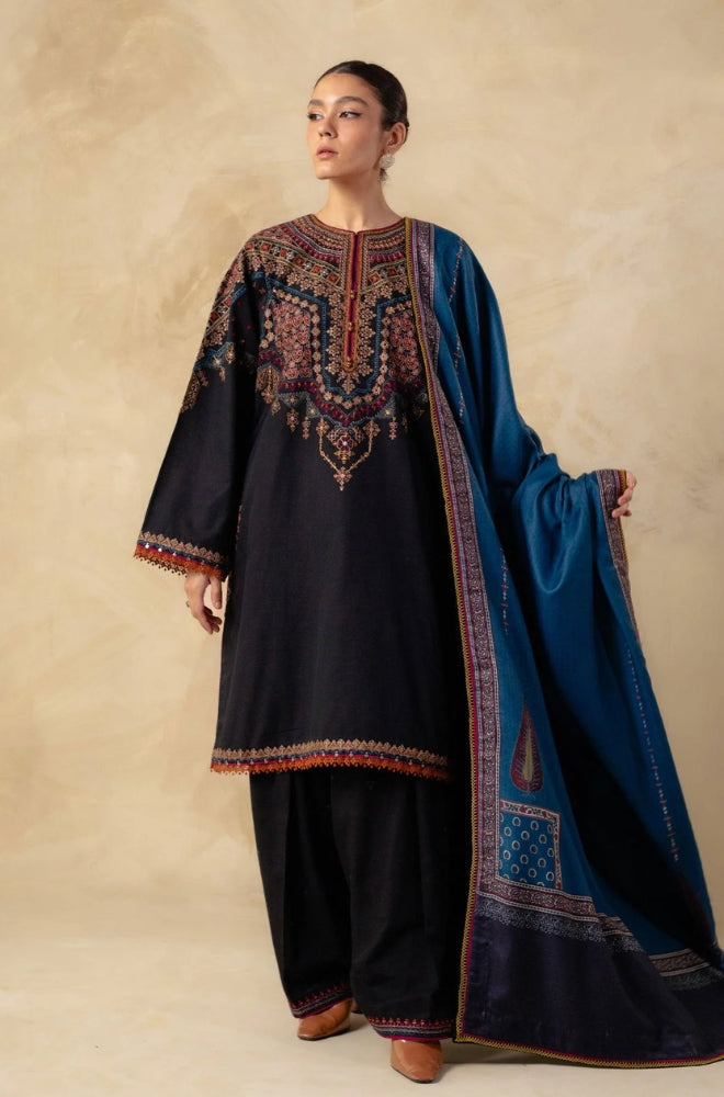 ZARA SHAH JAHAN - 3PC DHANAK EMBROIDERED SHIRT WITH PRINTED SHAWL AND TROUSER