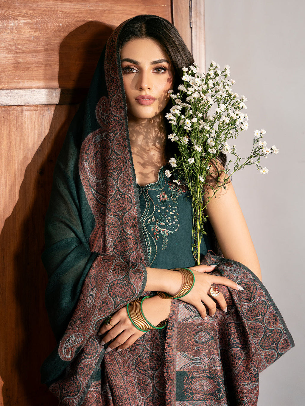 IZEL-3PC DHANAK EMBROIDERED SHIRT WITH PRINTED SHAWL