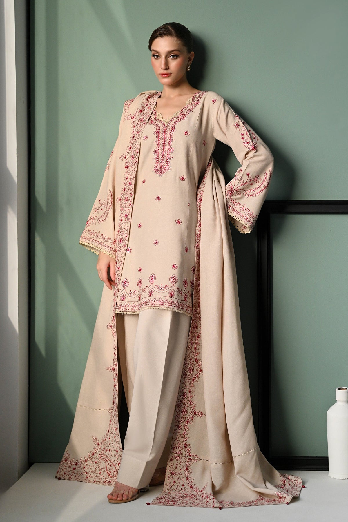 ZAIB-3PC DHANAK EMBROIDERED SHIRT WITH DHANAK EMBROIDERED SHAWL AND TROUSER-WM-4352