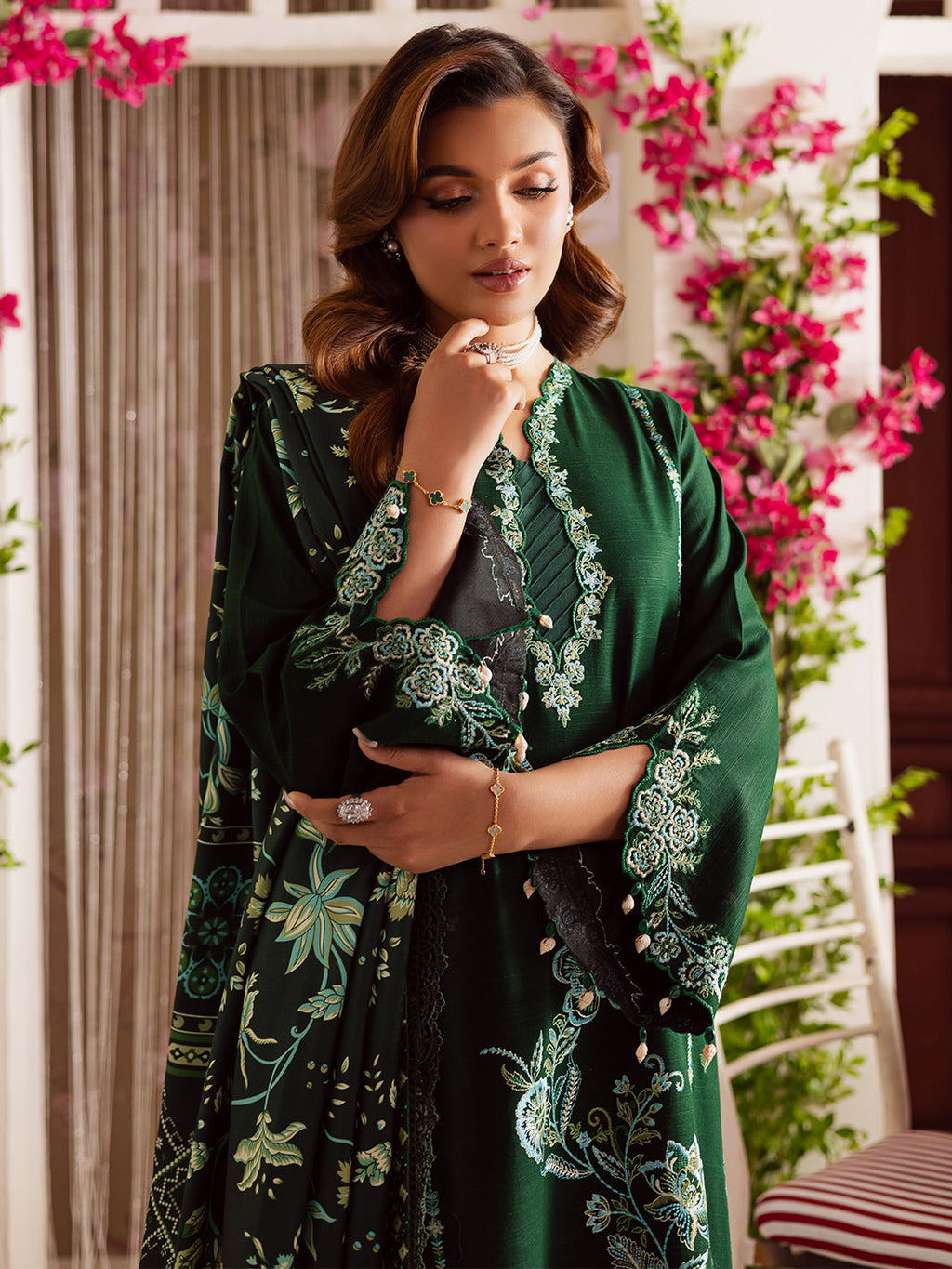 MAHNUR-3PC DHANAK EMBROIDERED SHIRT WITH COURTRAI PRINTED SHAWL & TROUSER-WM-4327