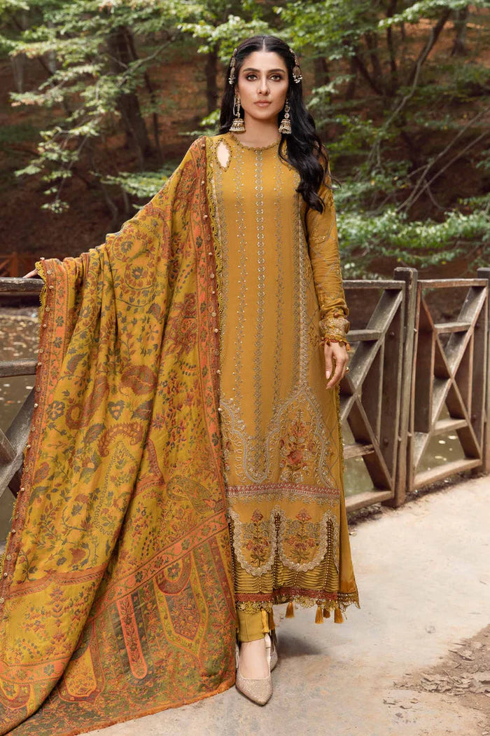 Maria B - 3PC Unstitched Dhanak Embroidered Shirt with Printed Pashmina Wool Shawl and Trouser