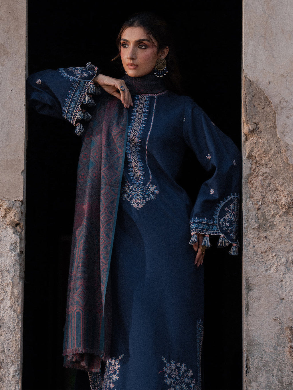 IZEL-3PC DHANAK EMBROIDERED SHIRT WITH COURTRAI PRINTED SHAWL & TROUSER-WM-4350