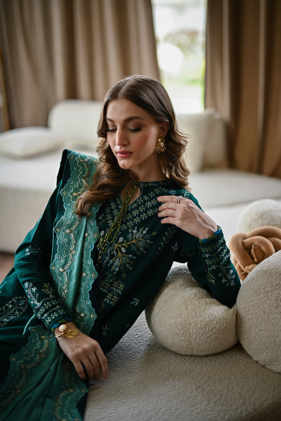 BATIK-3PC KARANDI EMBROIDERED SHIRT WITH DHANAK EMBROIDERED SHAWL AND TROUSER-WM-4332