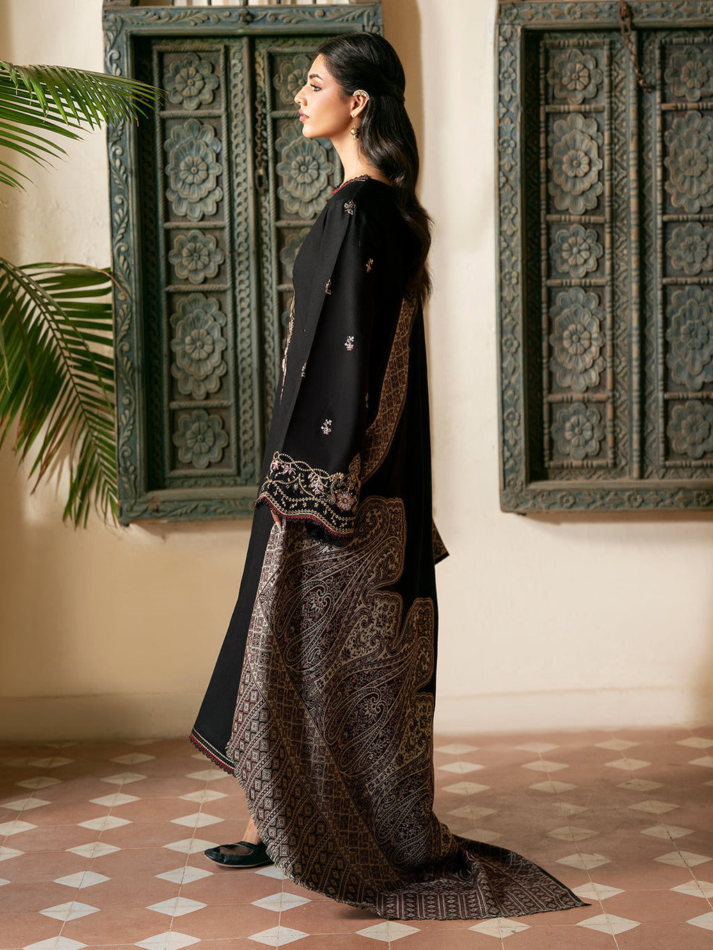 IZEL-3PC KHADDAR EMBROIDERED SHIRT WITH COURTRAI PRINTED SHAWL & TROUSER-WM-4389