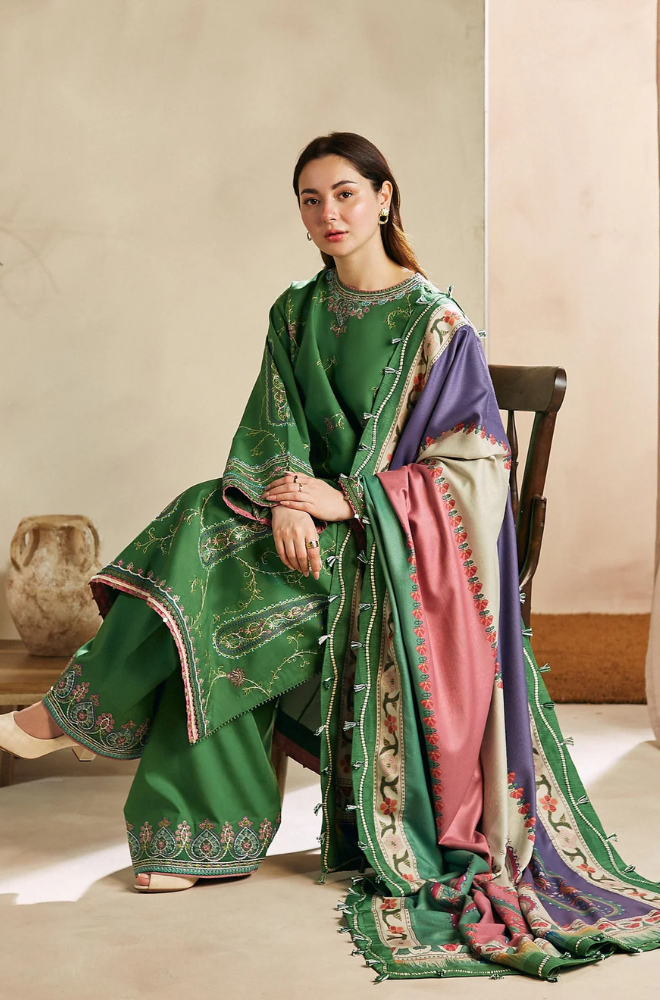 ZARA SHAH JAHAN - 3PC DHANAK EMBROIDERED SHIRT WITH PRINTED SHAWL AND TROUSER