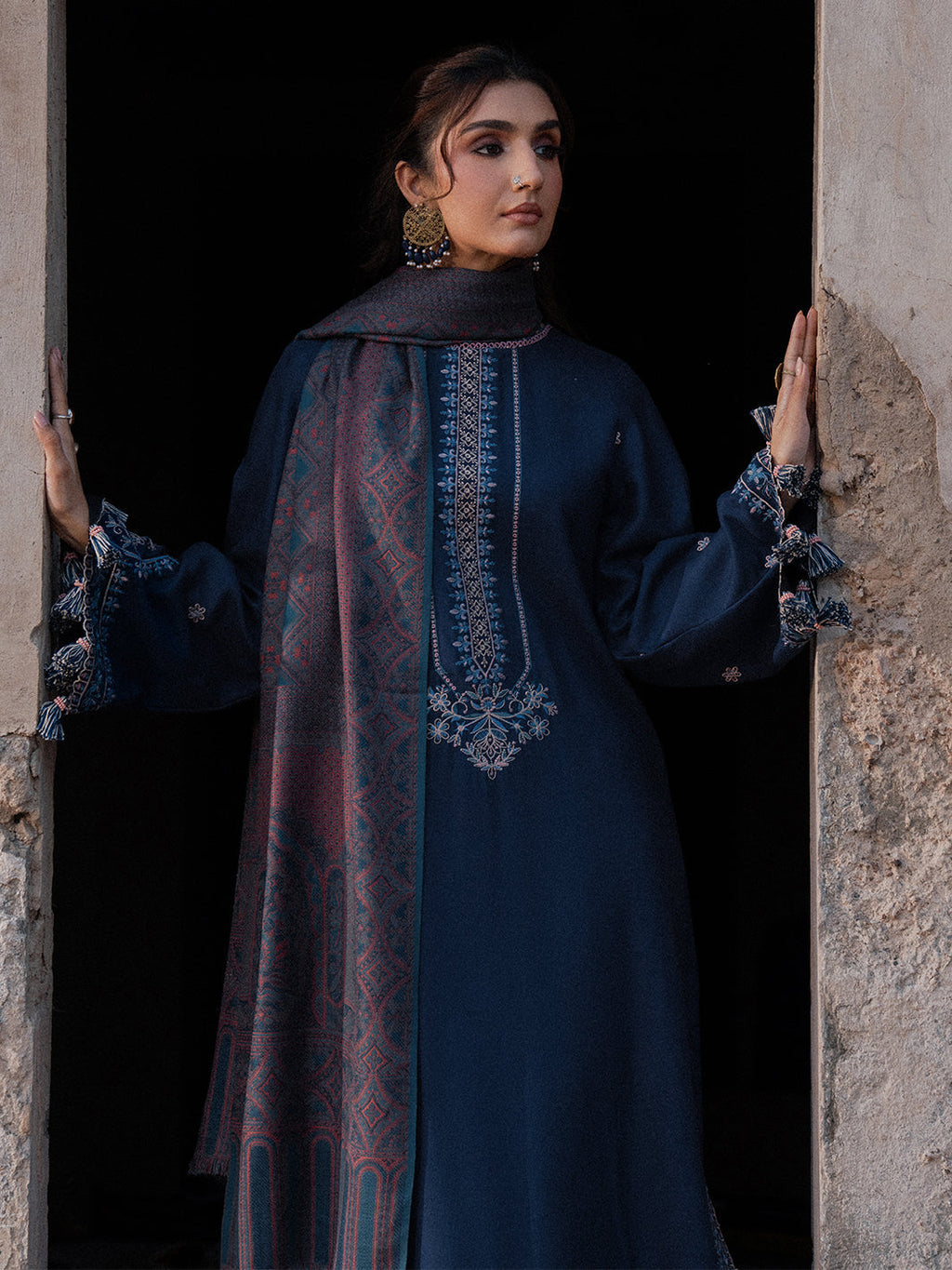 IZEL-3PC DHANAK EMBROIDERED SHIRT WITH COURTRAI PRINTED SHAWL & TROUSER-WM-4350