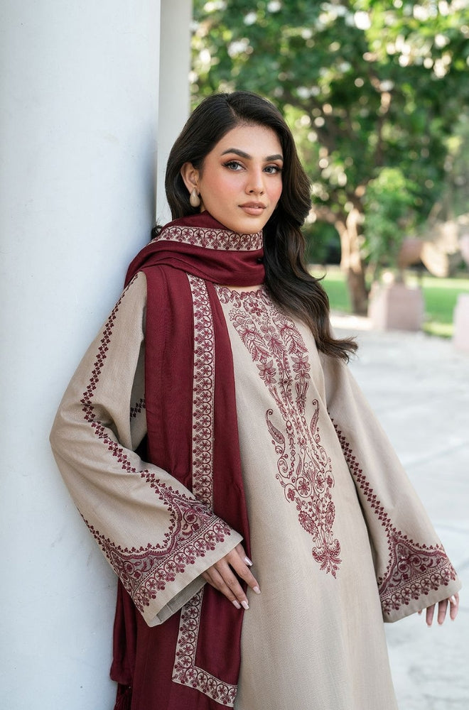 Baroque - 3PC Unstitched Dhanak Embroidered Shirt with Embroidered Dhanak Shawl and Trousers