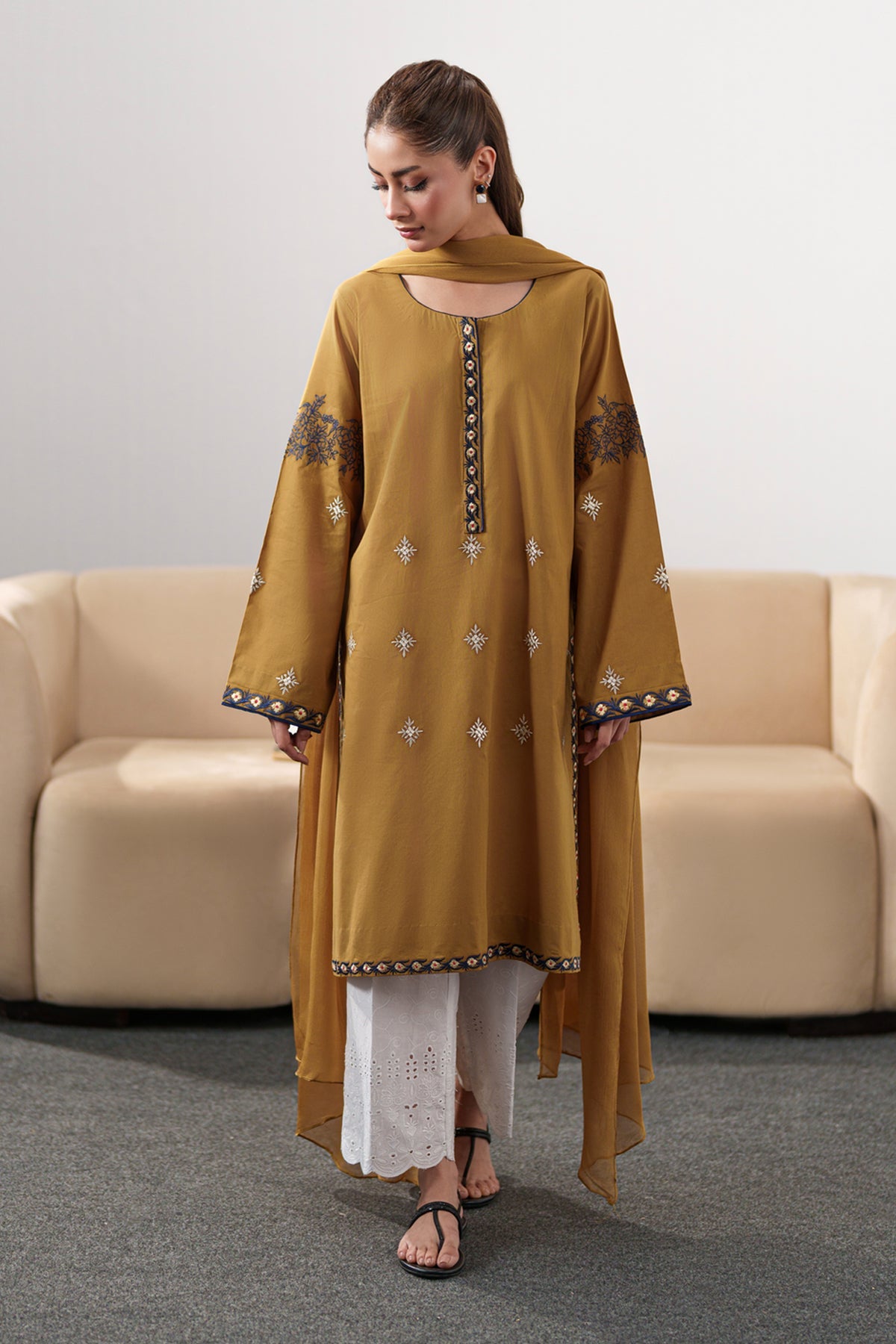 IZEL-3PC DHANAK EMBROIDERED SHIRT WITH DHANAK SHAWL AND EMB TROUSER-WM-4335