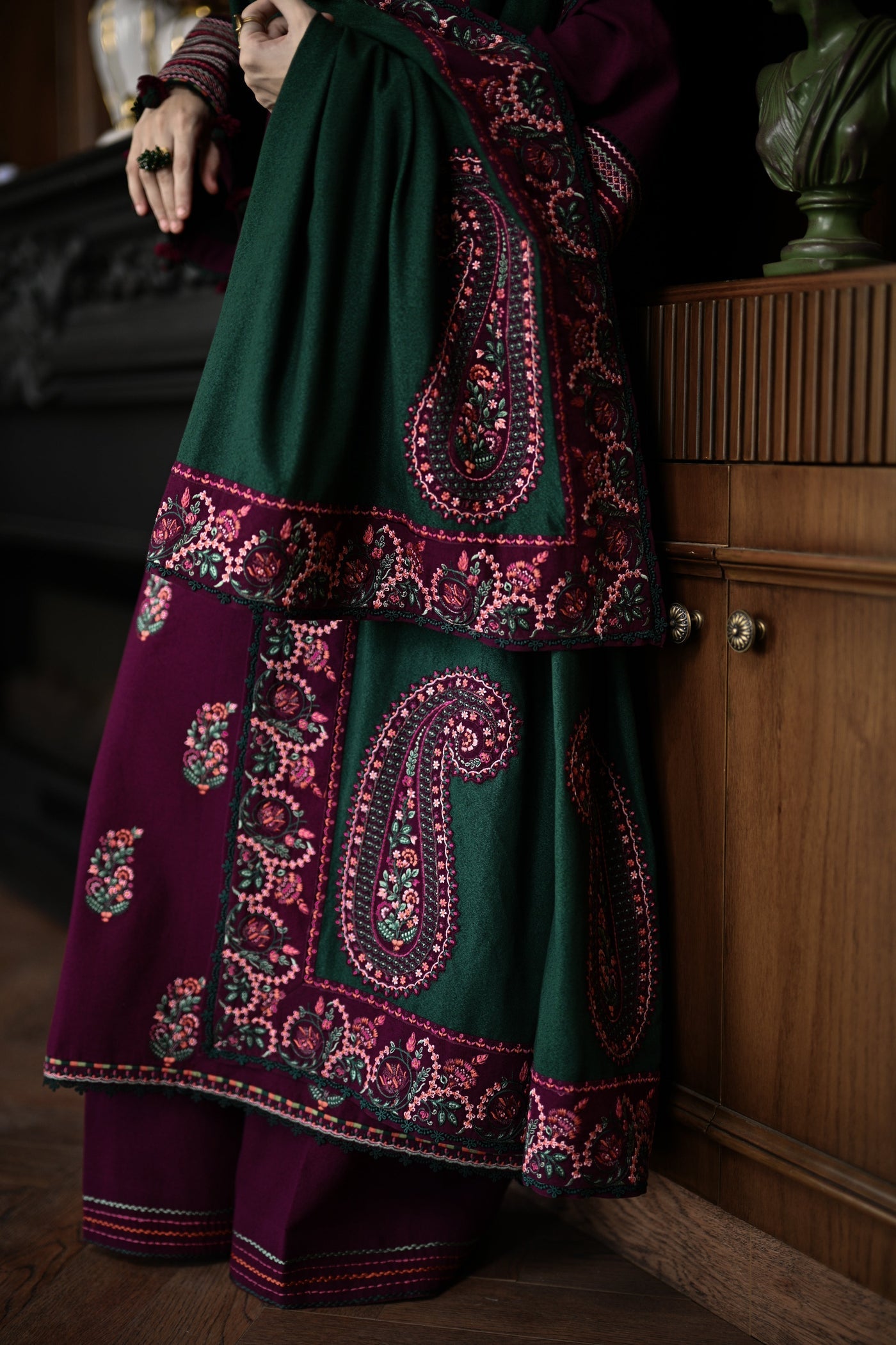 ZAIB DEEP PLUM LUXURY EMBROIDERED DHANAK 3PC WITH EMBROIDERED SHAWL AND TROUSER-WM-4331