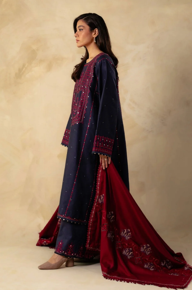 Zara Shah Jahan - 3PC Unstitched Dhanak Sequence Embroidered Shirt with Embroidered Dhanak Shawl and Trouser