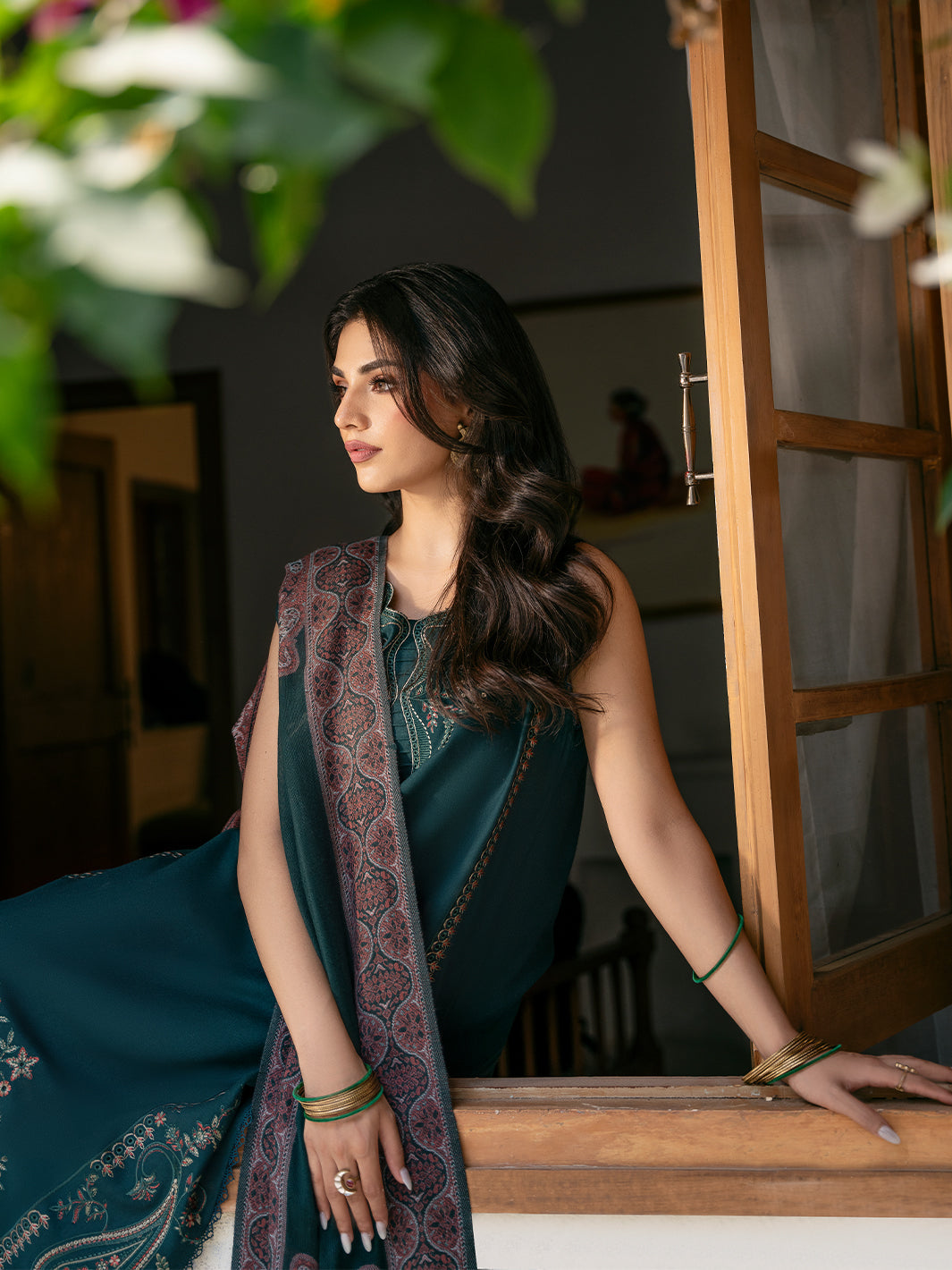 IZEL-3PC DHANAK EMBROIDERED SHIRT WITH PRINTED SHAWL