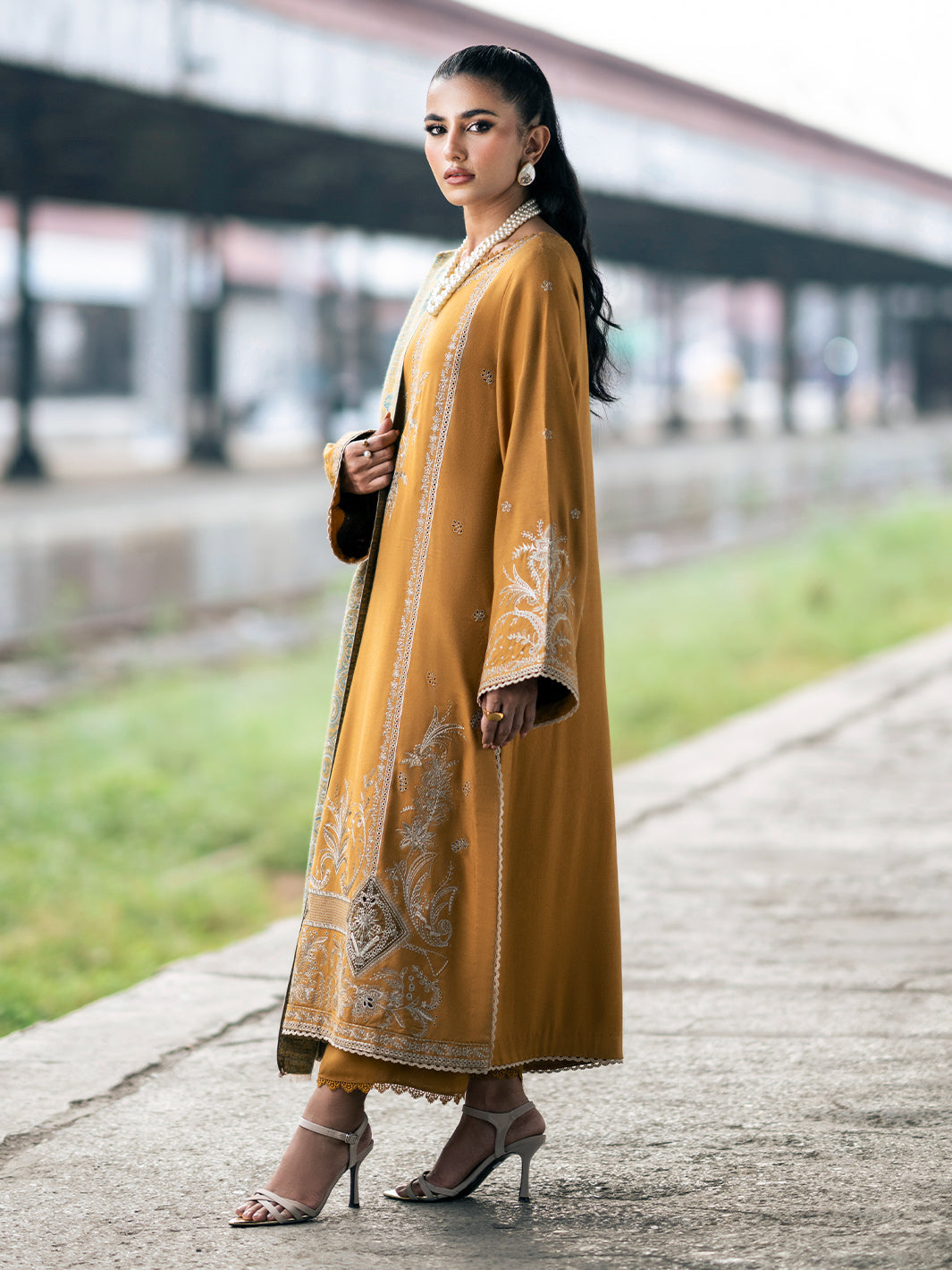 IZEL - 3PC DHANAK EMBROIDERED SHIRT WITH TWILL PRINTED SHAWL AND TROUSER