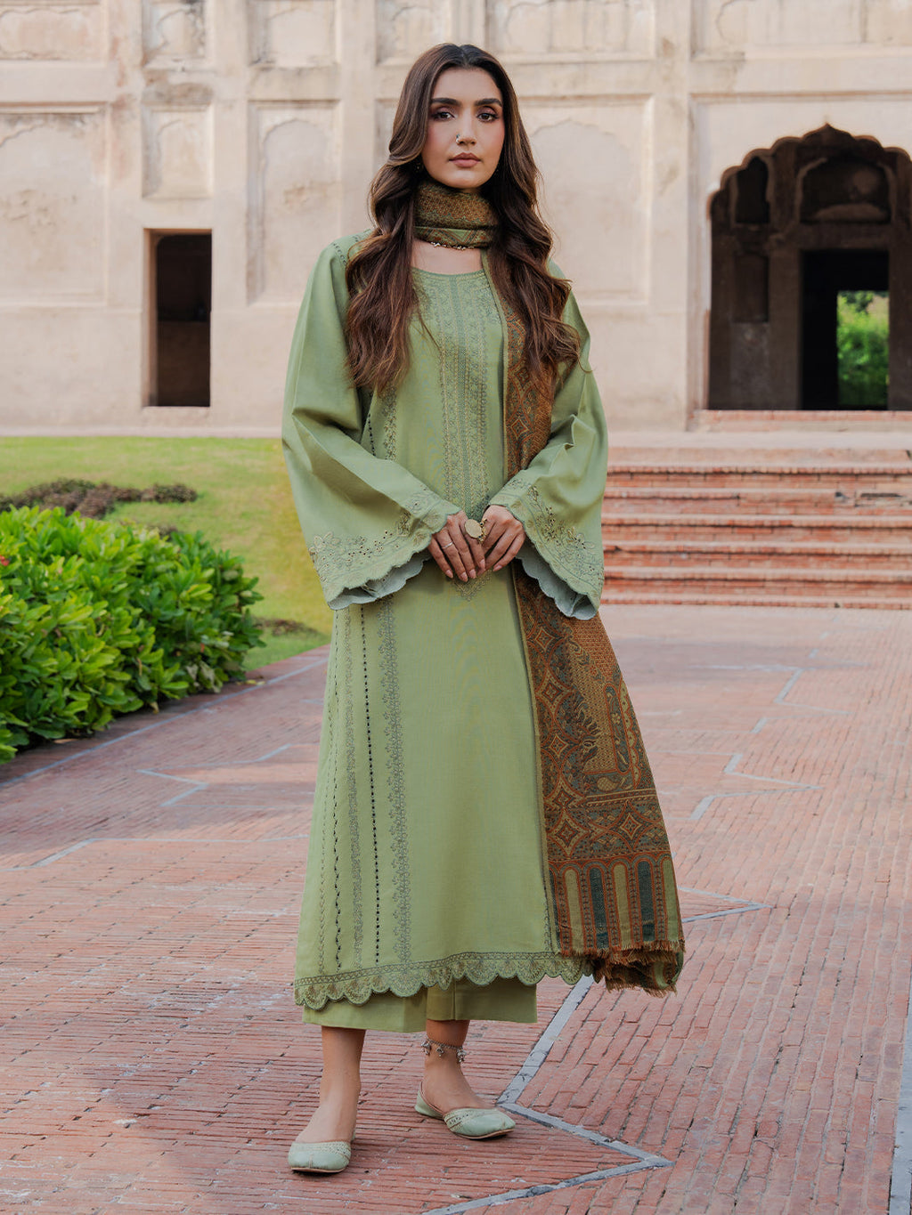 IZEL-3PC DHANAK EMBROIDERED SHIRT WITH COURTRAI PRINTED SHAWL & TROUSER-WM-4350