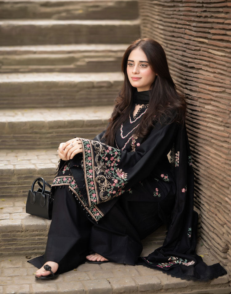 LIBAAS-3PC DHANAK EMBROIDERED SHIRT WITH DHANAK EMBROIDERED SHAWL & TROUSER-WM-4346