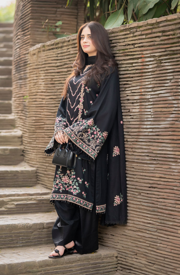LIBAAS-3PC DHANAK EMBROIDERED SHIRT WITH DHANAK EMBROIDERED SHAWL & TROUSER-WM-4346